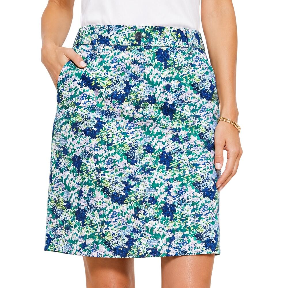 Talbots Straight Skirt 10 Blue Green Botanical Floral Print Cotton Stretch